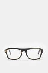 Tom Ford Horn Brille 'Private Collection' schwarz/grau gemustert, eckig, Büffelhorn, Blaulichtfilter, T-Form Details, frontal fotografiert.
