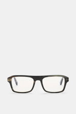 Tom Ford Horn Brille 'Private Collection' schwarz/grau gemustert, eckig, Büffelhorn, Blaulichtfilter, silberne Details, frontal fotografiert.
