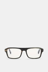 Tom Ford Horn Brille 'Private Collection' schwarz/grau gemustert, eckig, Büffelhorn, Blaulichtfilter, silberne Details, frontal fotografiert.