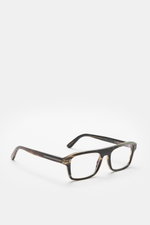 Tom Ford Horn Brille 'Private Collection' schwarz/grau gemustert, eckig, aus Büffelhorn, mit Blaulichtfilter, T-Form Details, seitliche Perspektive.