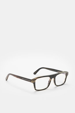 Tom Ford Horn Brille 'Private Collection' schwarz/grau gemustert, eckig, aus Büffelhorn, mit Blaulichtfilter, T-Form Details, seitliche Perspektive.