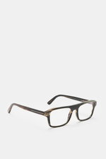 Tom Ford Horn Brille 'Private Collection' schwarz/grau gemustert, eckig, Büffelhorn-Rahmen, Blaulichtfilter, silberne Details, seitliche Nahaufnahme.