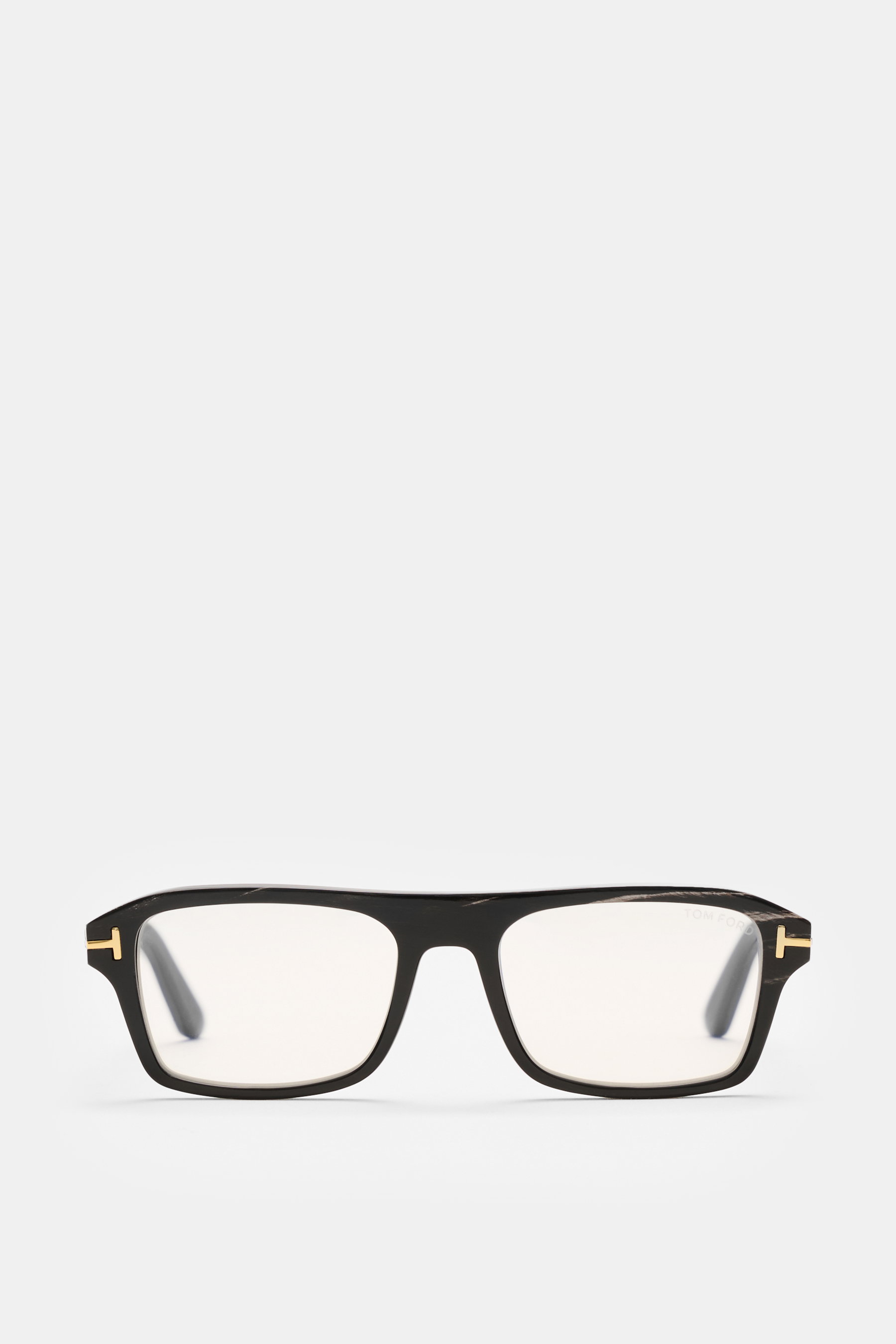 Tom Ford Horn Brille 'Private Collection' schwarz/grau gemustert, eckig, Büffelhorn, Blaulichtfilter, goldene Details, Frontansicht.
