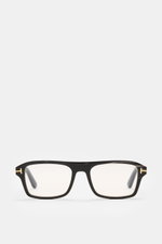 Tom Ford Horn Brille 'Private Collection' schwarz/grau gemustert, eckig, Büffelhorn, Blaulichtfilter, goldene Details, Frontansicht.