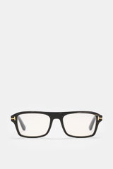 Tom Ford Horn Brille 'Private Collection' schwarz/grau gemustert, eckig, Büffelhorn, Blaulichtfilter, goldene Details, Frontansicht.
