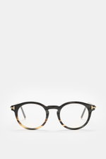 Tom Ford Horn Brille 'Private Collection' schwarz/grau gemustert, runde Form, Büffelhorn, Blaulichtfilter, T-Form Detail, frontal fotografiert.