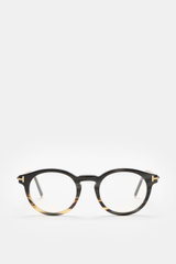 Tom Ford Horn Brille 'Private Collection' schwarz/grau gemustert, runde Form, Büffelhorn, Blaulichtfilter, T-Form Detail, frontal fotografiert.