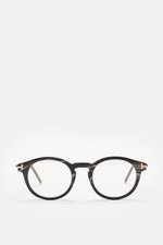 Tom Ford Horn Brille 'Private Collection' schwarz/graubraun/weiß gemustert, runde Form mit Blaulichtfilter, von vorne fotografiert.