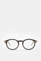 Tom Ford Horn Brille 'Private Collection' schwarz/graubraun/weiß gemustert, runde Form mit Blaulichtfilter, von vorne fotografiert.