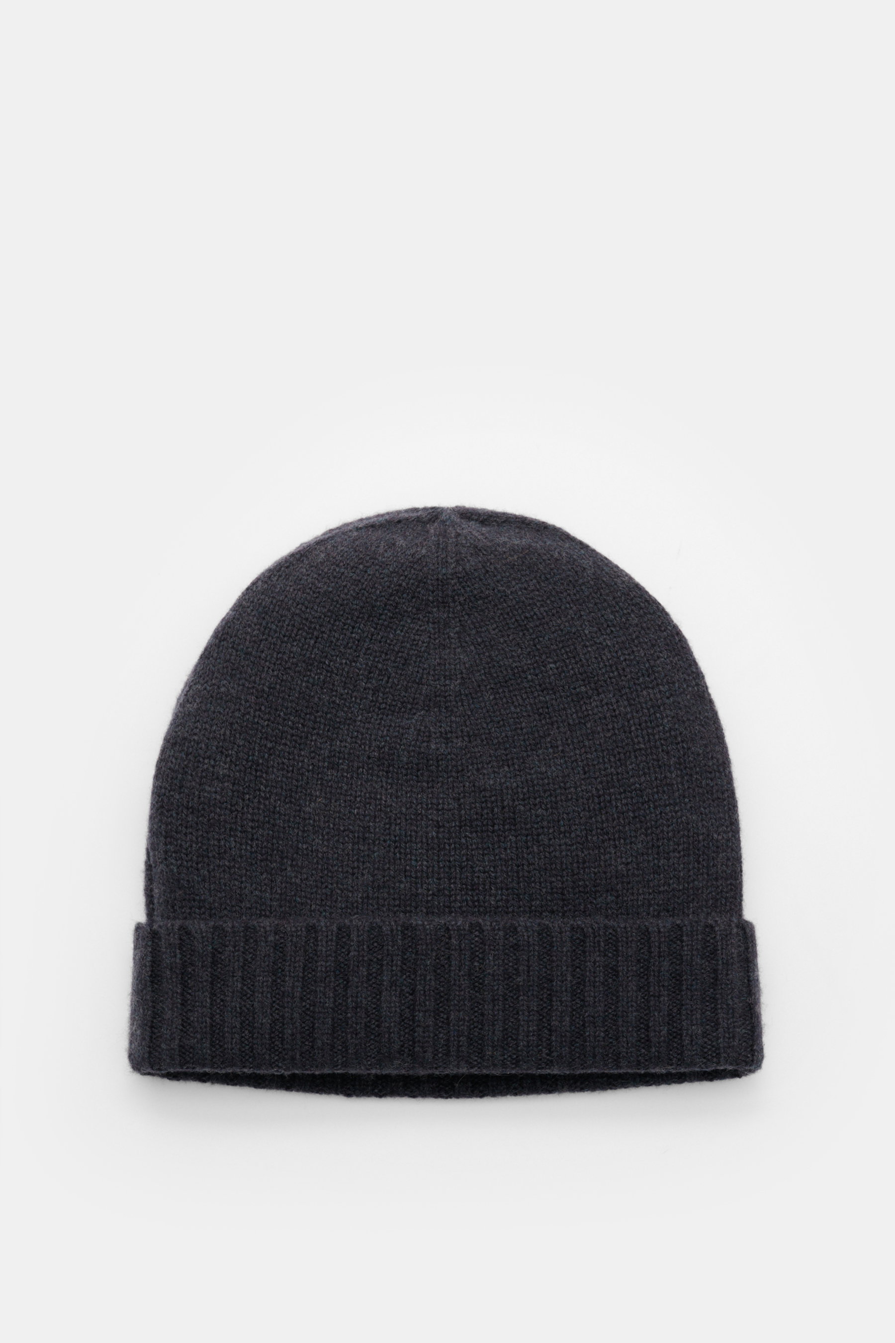Top view of a von Braun Cashmere beanie anthracite, a soft, fine-knit pure cashmere hat with a small turn-up, perfect for casual and elegant winter wear.