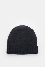Top view of a von Braun Cashmere beanie anthracite, a soft, fine-knit pure cashmere hat with a small turn-up, perfect for casual and elegant winter wear.