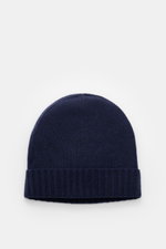 von Braun Cashmere beanie navy shown from above, navy blue fine knit with small turn-up, pure cashmere, very soft feel.
