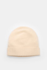Top view of von Braun Cashmere beanie cream, a soft, finely knitted pure cashmere beanie with a small turn-up, perfect for casual or elegant winter wear.