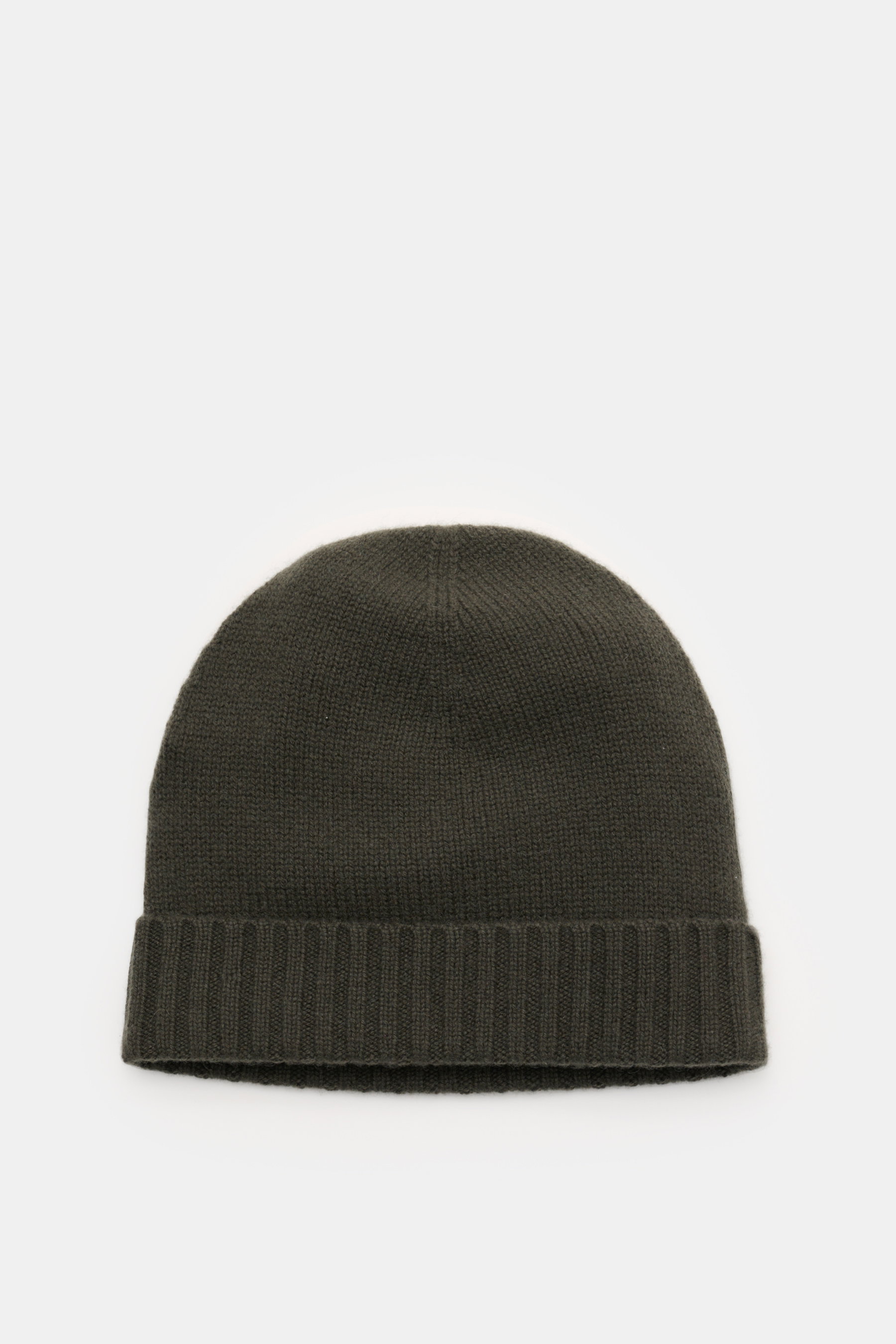 von Braun Cashmere beanie dark olive shown from above, soft pure cashmere knit with fine texture and small turn-up, very soft feel, ideal for winter coats or down jackets.