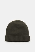 von Braun Cashmere beanie dark olive shown from above, soft pure cashmere knit with fine texture and small turn-up, very soft feel, ideal for winter coats or down jackets.