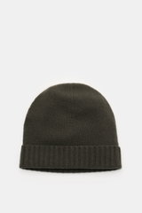 von Braun Cashmere beanie dark olive shown from above, soft pure cashmere knit with fine texture and small turn-up, very soft feel, ideal for winter coats or down jackets.