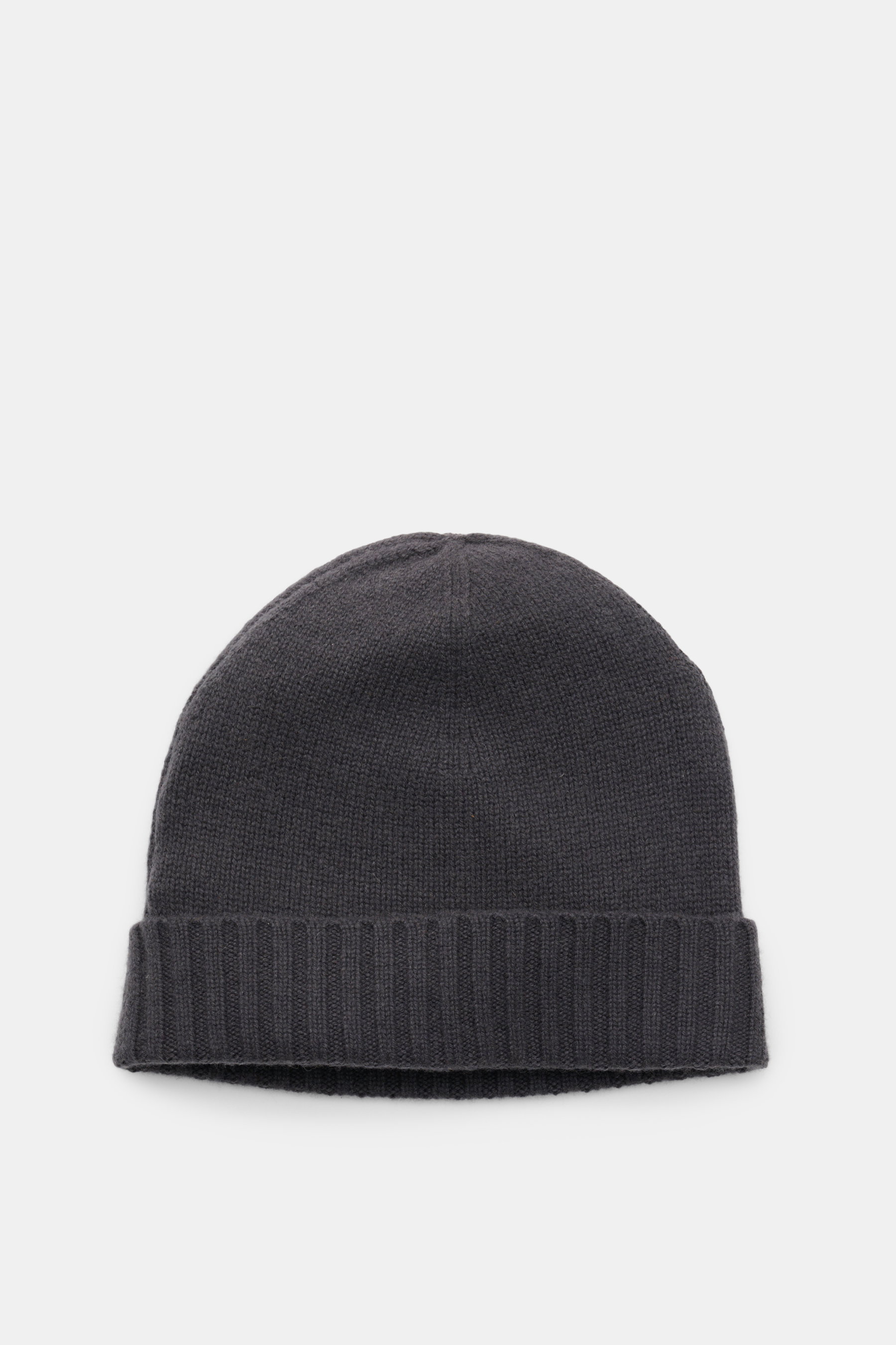 Top-down view of a dark grey von Braun Cashmere beanie with fine knit and small turn-up, made of pure cashmere, very soft feel, perfect for casual or elegant winter wear.