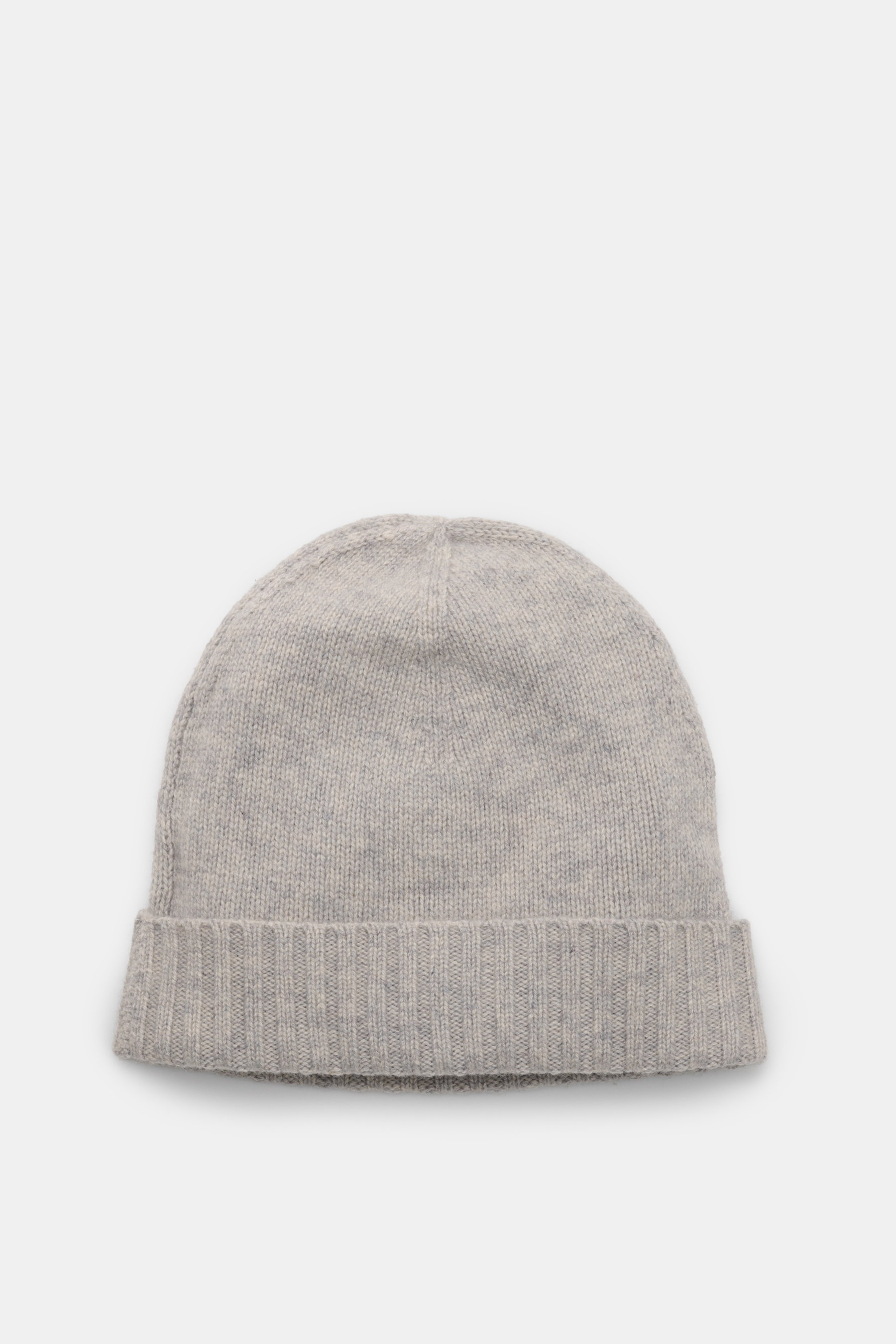 Top-down view of the von Braun Cashmere beanie light grey mottled, a fine-knit, very soft pure cashmere hat with a small turn-up, perfect for casual or elegant winter wear.
