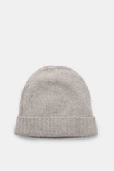 Top-down view of the von Braun Cashmere beanie light grey mottled, a fine-knit, very soft pure cashmere hat with a small turn-up, perfect for casual or elegant winter wear.