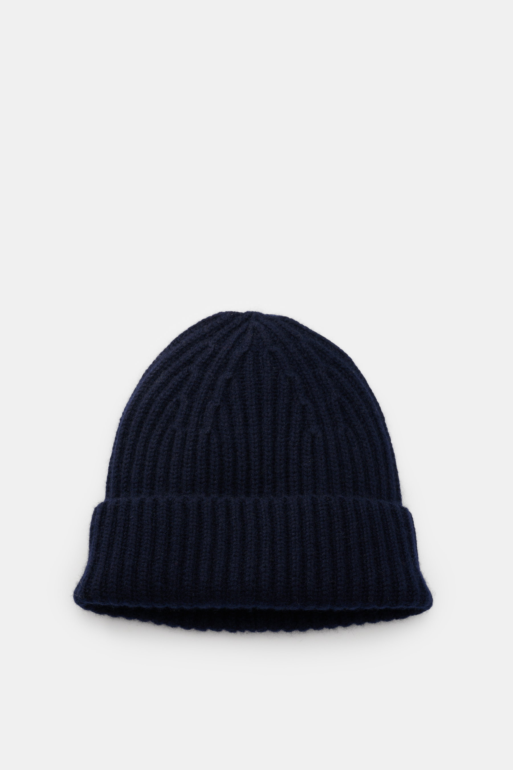 Lisa Yang Cashmere Mütze 'Menton' navy, von oben fotografiert, aus reinem Cashmere mit weichem Griff, Patent-Strickmuster, Umschlag, mittelgrobes Strickbild.