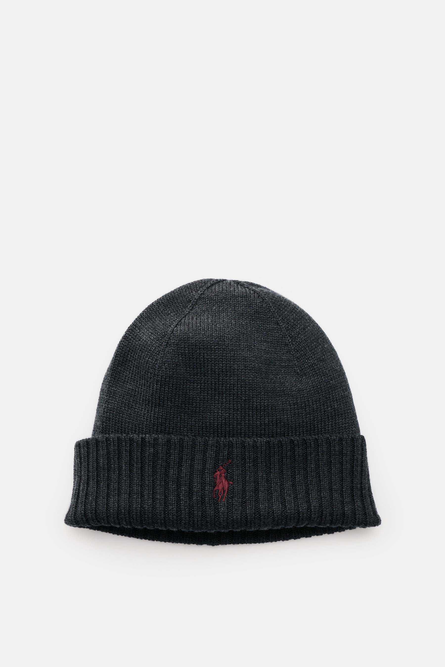 Polo Ralph Lauren Wollmütze anthrazit, sportives Essential aus reiner Wolle, weicher Griff, feiner Strick, breiter Ripp-Umschlag, Polospieler-Stitching, Frontalansicht.