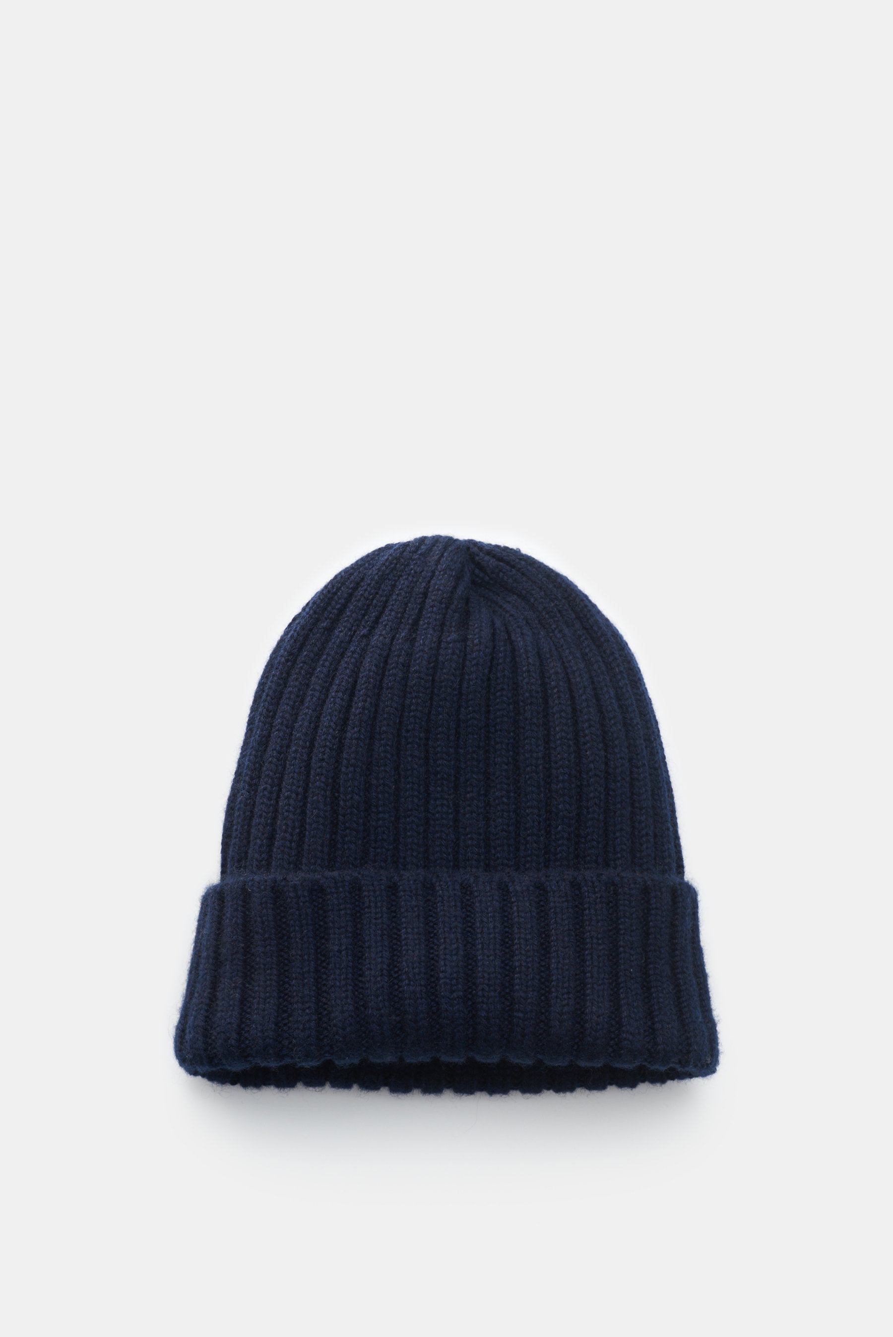 Fedeli Cashmere Mütze navy, von oben fotografiert, reiner Cashmere, weicher Griff, breiter Rippstrick, mittelfeines Strickbild, variabler Umschlag.