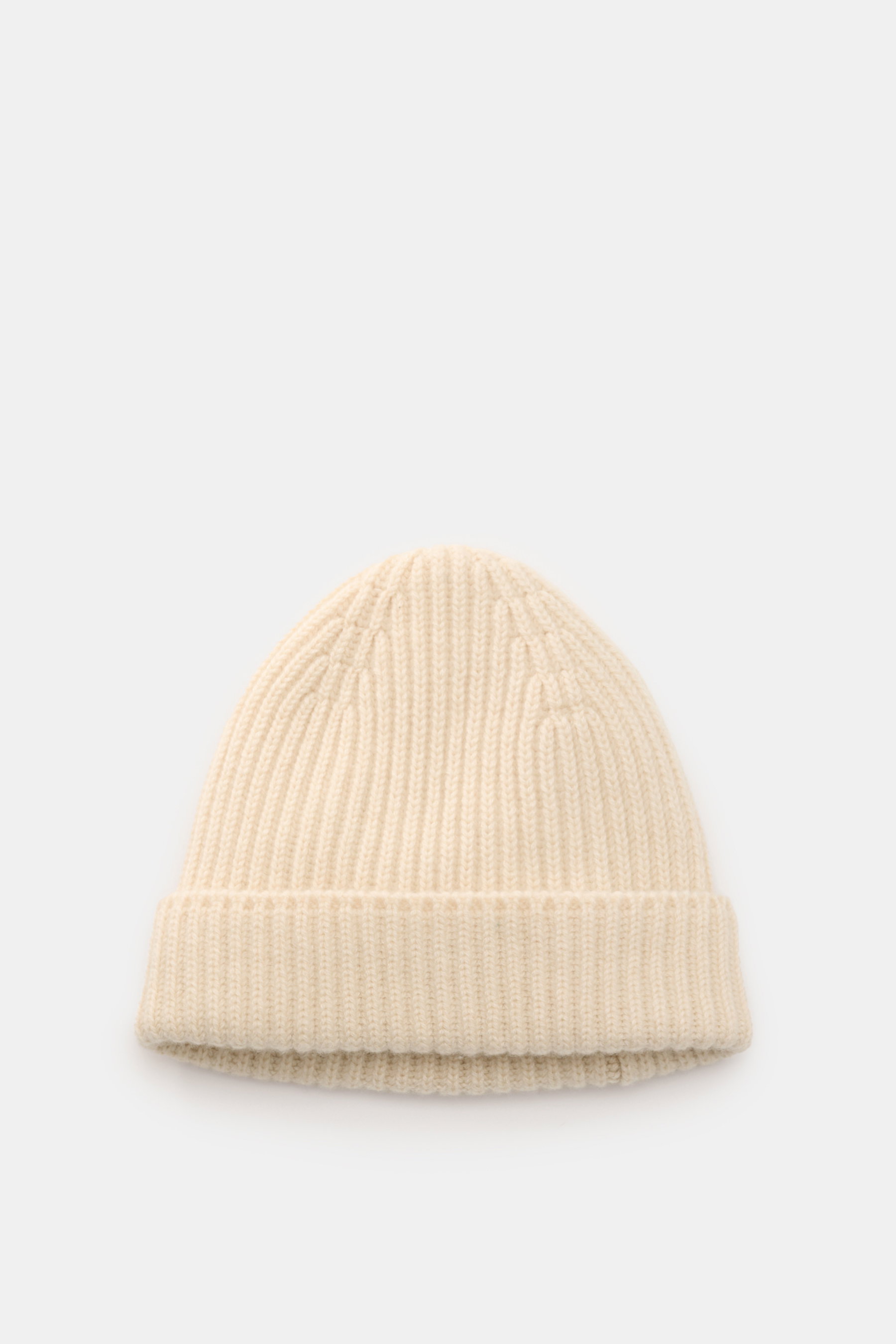 Fedeli Cashmere Mütze 'Alfredo' creme, grob gerippt mit variablem Umschlag, aus feinstem, sehr weichem Cashmere, von oben fotografiert.