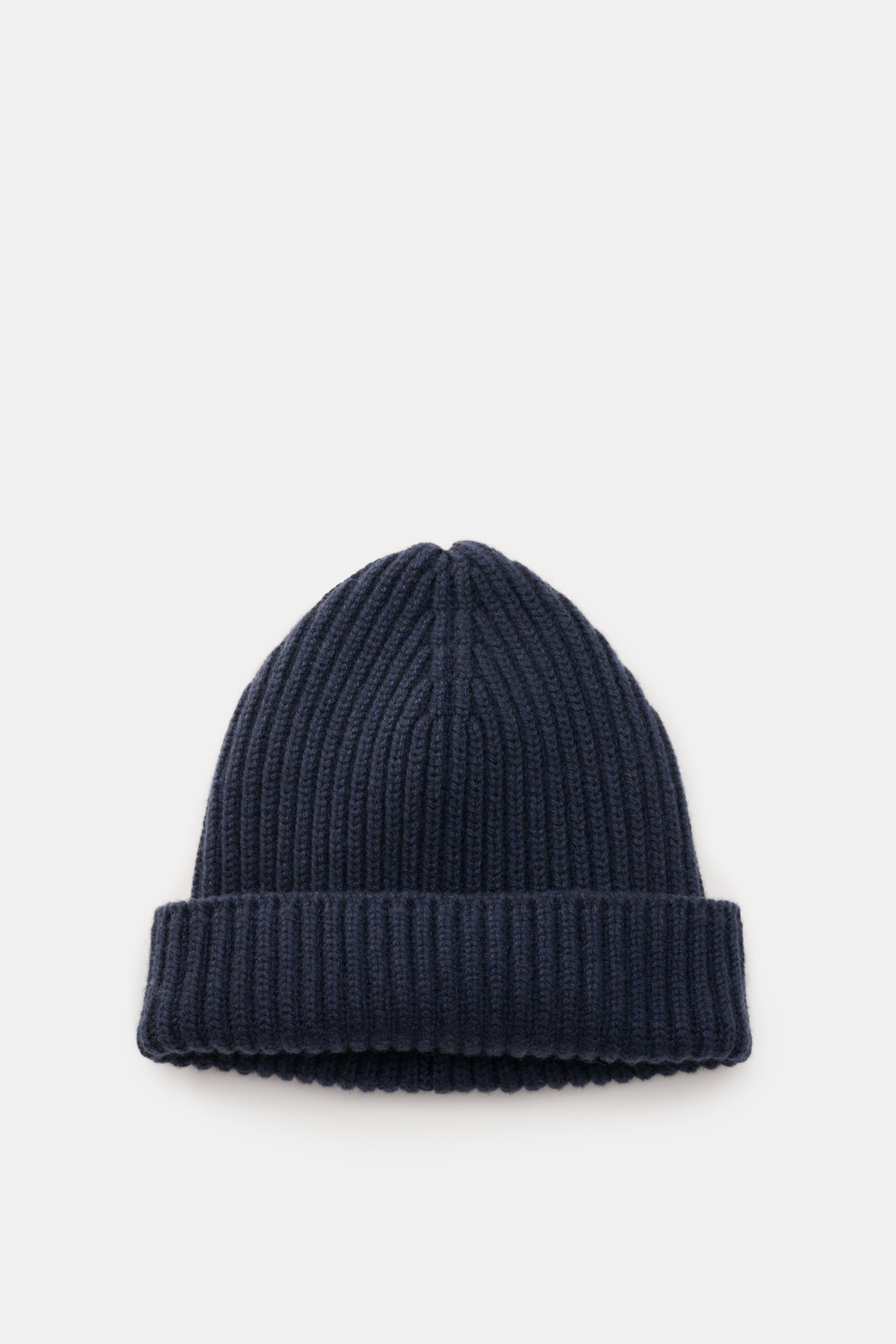 Fedeli Cashmere Mütze 'Alfredo' dunkelblau, grob gerippt, variabler Umschlag, zeitloses Patentmuster, aus feinstem, superweichem Cashmere, Draufsicht.