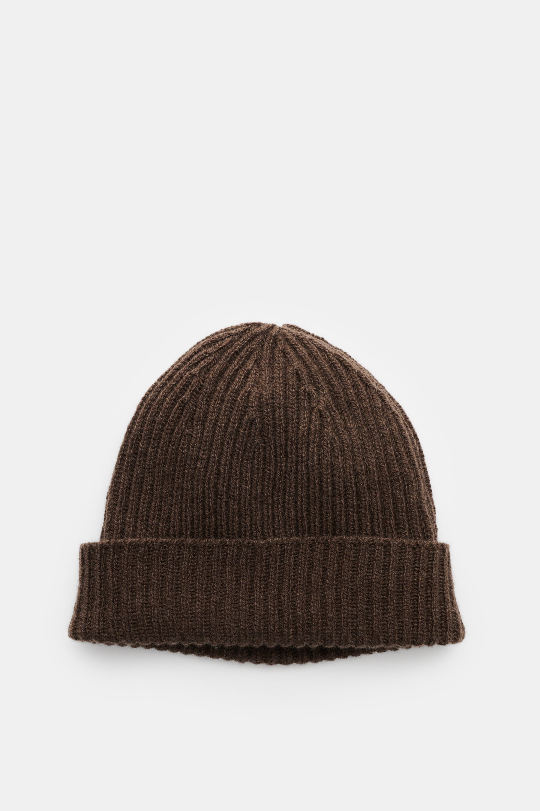 Cruciani Cashmere Mütze braun, von oben fotografiert, mit schmalem Umschlag, feinem Patent-Strickmuster aus reinem Cashmere.