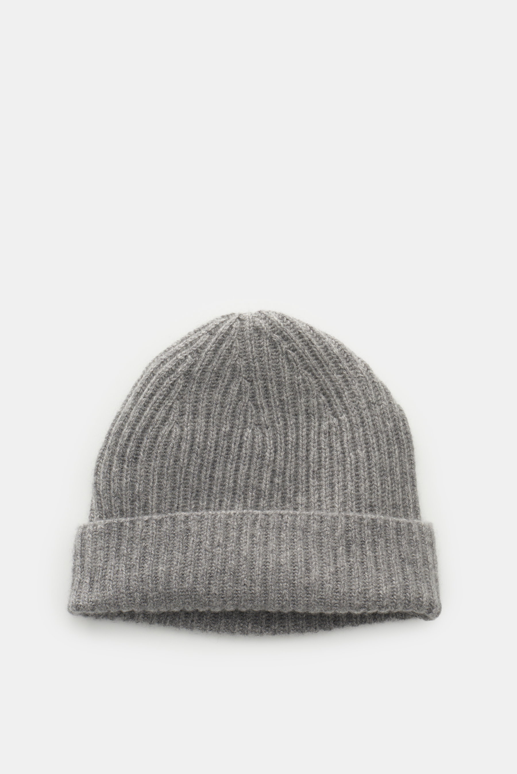 Cruciani Cashmere Mütze grau meliert, Patentstrickmuster, schmaler Umschlag, feines Strickbild, weicher Griff, von oben fotografiert.