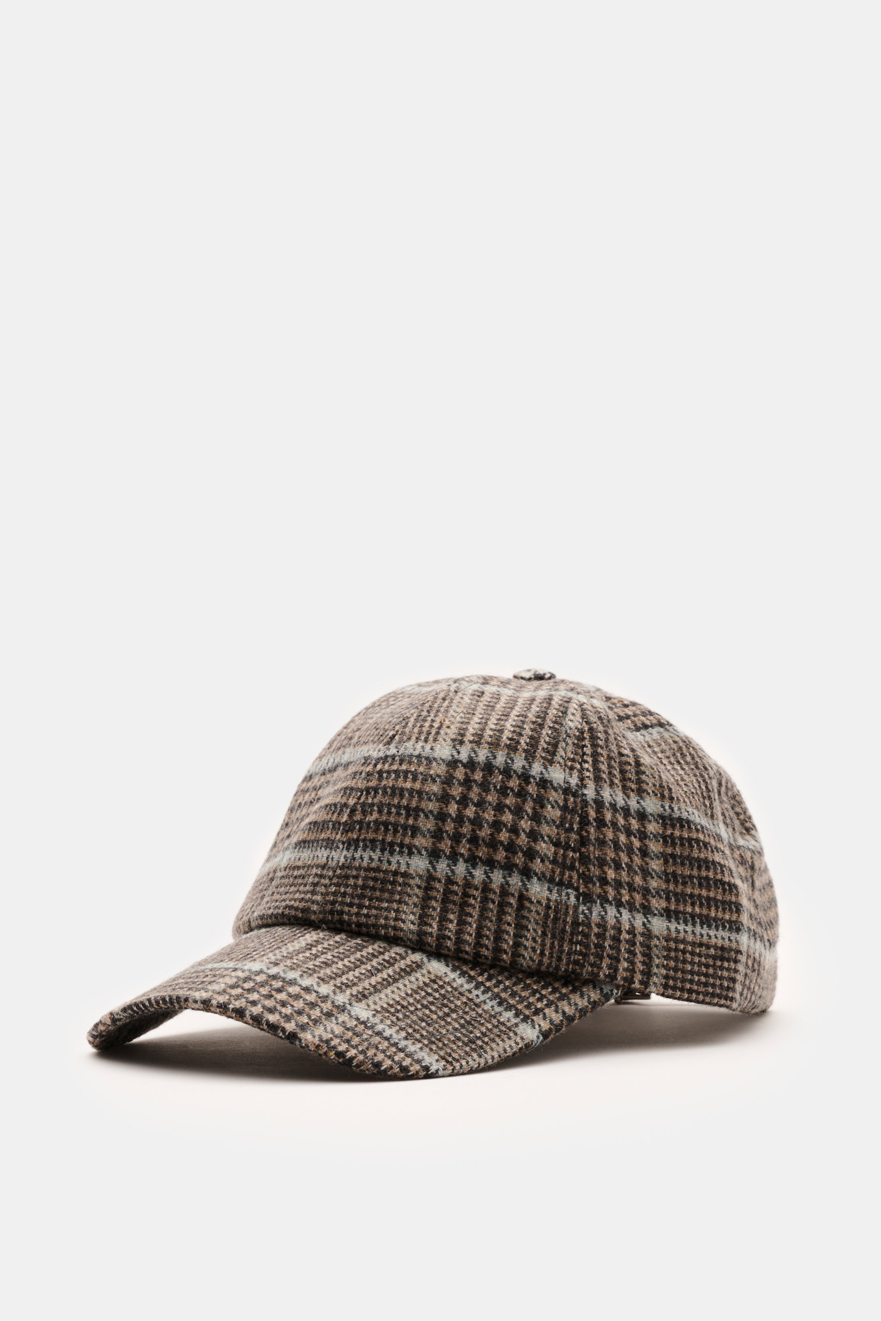 04651/ A trip in a bag Baseball-Cap 'Check' hellbraun/schwarz/rauchblau kariert, seitliche Frontansicht, Glencheckmuster, Baumwoll-Mix, verstellbar, Six-Panel.