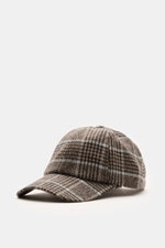 04651/ A trip in a bag Baseball-Cap 'Check' hellbraun/schwarz/rauchblau kariert, seitliche Frontansicht, Glencheckmuster, Baumwoll-Mix, verstellbar, Six-Panel.