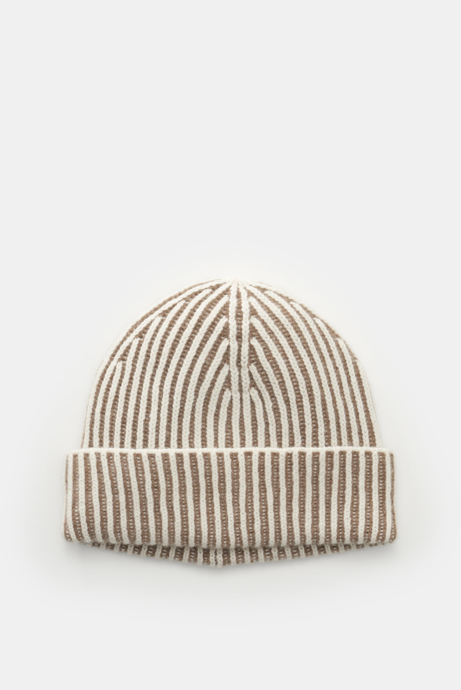 Moorer Mütze 'Davis-WSV' weiß/taupe gestreift, von oben fotografiert, Mix aus Wolle und Cashmere, sehr weicher Griff, zweifarbiges Patentmuster, grobes Strickbild, kleines Weblabel in der Naht.