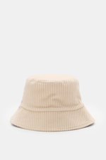 Vorderansicht des cremefarbenen 04651/ A trip in a bag Cord Bucket Hat aus softem Baumwoll-Cord mit schmaler Krempe und Fleecefutter.