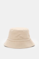 Vorderansicht des cremefarbenen 04651/ A trip in a bag Cord Bucket Hat aus softem Baumwoll-Cord mit schmaler Krempe und Fleecefutter.