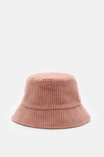 04651/ A trip in a bag Cord Bucket Hat altrosa aus softem Baumwoll-Cord mit schmaler Krempe, Fleece-Futter und kleinem Weblabel, frontal fotografiert.