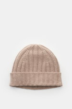 Top-down view of von Braun Cashmere beanie beige mottled, a pure Mongolian cashmere knit with a very soft feel, fine rib knit pattern, and small turn-up, perfect for casual and elegant winter wear.