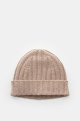 Top-down view of von Braun Cashmere beanie beige mottled, a pure Mongolian cashmere knit with a very soft feel, fine rib knit pattern, and small turn-up, perfect for casual and elegant winter wear.