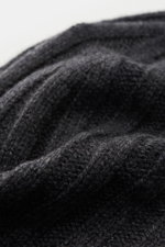 Nahaufnahme der von Braun Cashmere Mütze anthrazit meliert, fotografiert von oben, feines Rippstrickmuster, reiner Cashmere, weicher Griff, schmaler Umschlag.