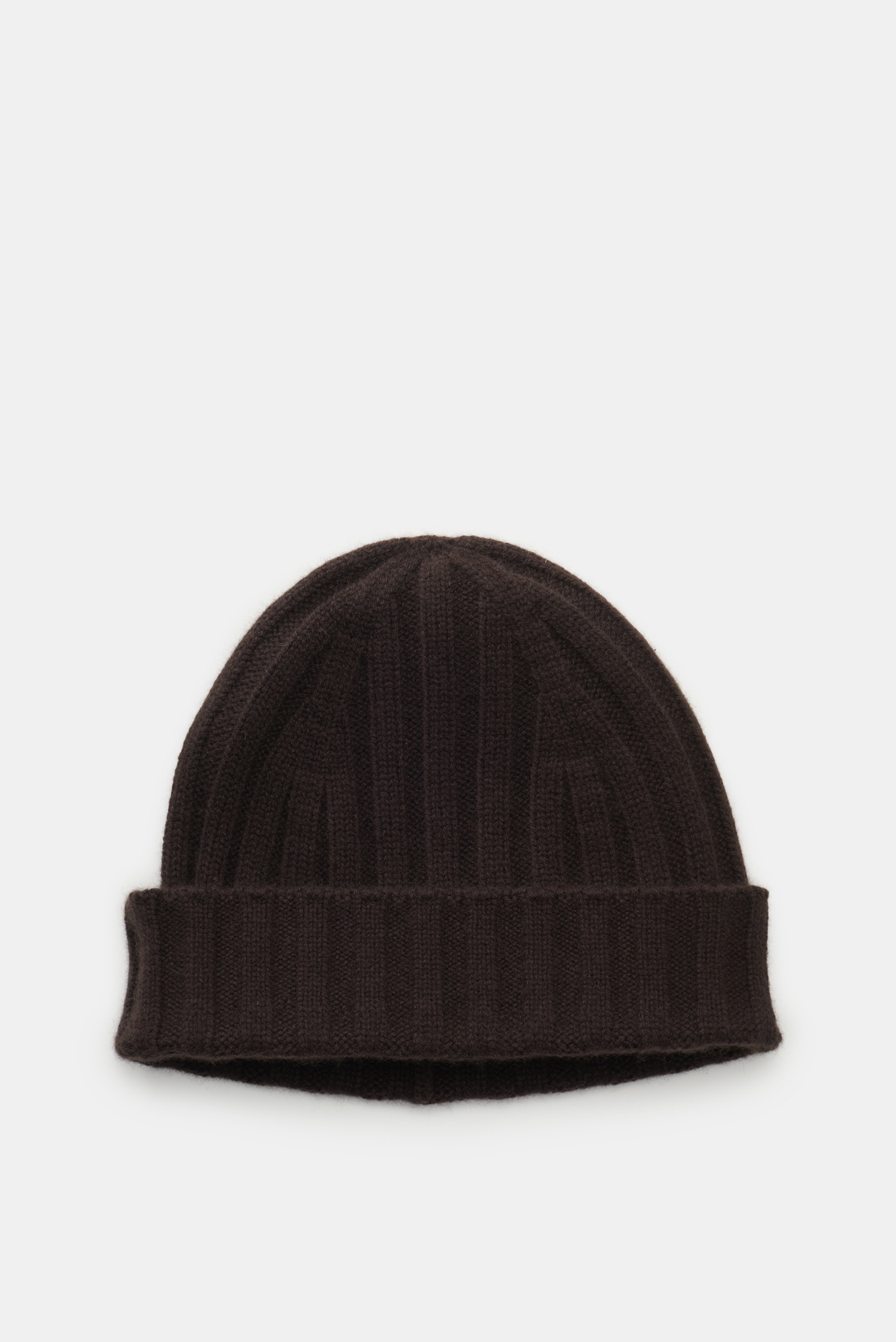 von Braun Cashmere Mütze dunkelbraun, seitliche Draufsicht, feines Rippstrickmuster, schmaler Umschlag, reiner mongolischer Cashmere, sehr weicher Griff.
