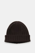 von Braun Cashmere Mütze dunkelbraun, seitliche Draufsicht, feines Rippstrickmuster, schmaler Umschlag, reiner mongolischer Cashmere, sehr weicher Griff.