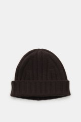 von Braun Cashmere Mütze dunkelbraun, seitliche Draufsicht, feines Rippstrickmuster, schmaler Umschlag, reiner mongolischer Cashmere, sehr weicher Griff.
