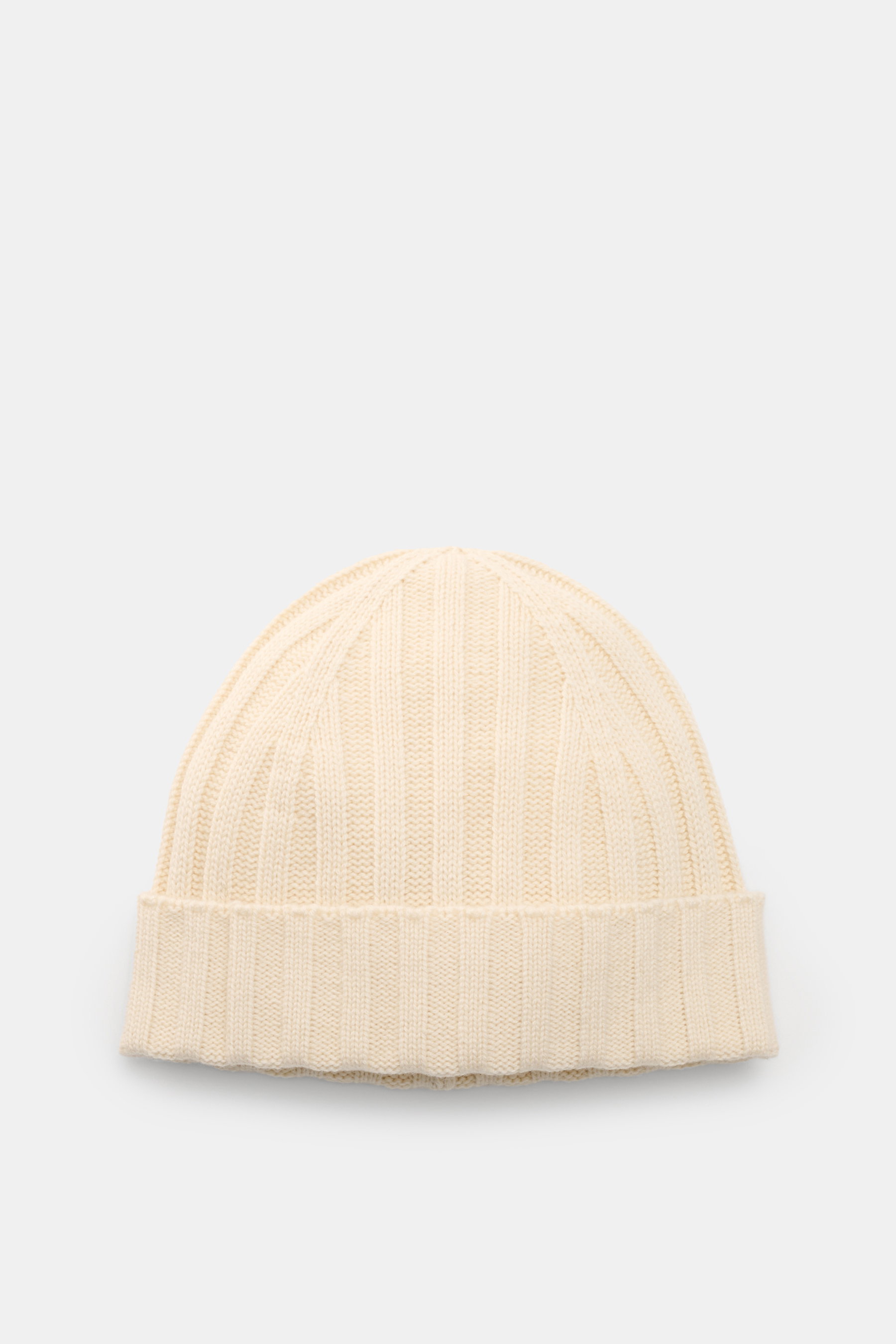 von Braun Cashmere Mütze offwhite aus reinem mongolischem Cashmere, feines Rippstrickmuster, schmaler Umschlag, weicher Griff, Draufsicht