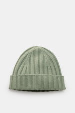 Front view of von Braun Cashmere beanie sage in soft sage color, featuring pure cashmere, very soft feel, fine knit, classic rib knit pattern, and a small turn-up, perfect for casual and elegant winter wear with coats or down jackets.
