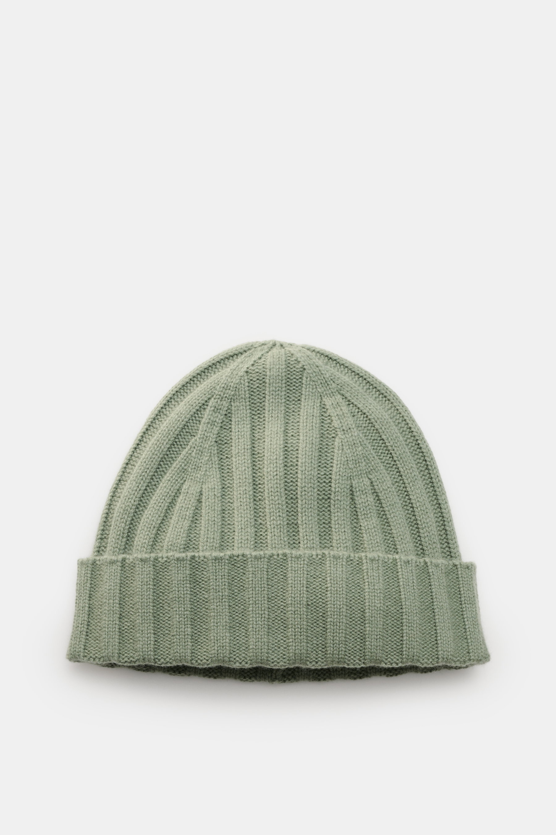 Top-down view of a sage green von Braun Cashmere beanie with a classic rib knit, small turn-up, made of pure soft Mongolian cashmere.