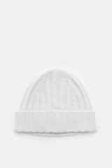 von Braun Cashmere beanie light grey shown from above, pure cashmere with soft feel, fine rib knit, small turn-up cuff.