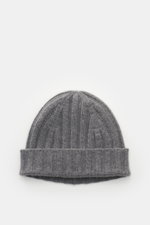 Top view of von Braun Cashmere beanie grey mottled, showing fine rib knit pattern and small turn-up, made of pure soft Mongolian cashmere.