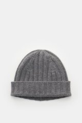 Top view of von Braun Cashmere beanie grey mottled, showing fine rib knit pattern and small turn-up, made of pure soft Mongolian cashmere.