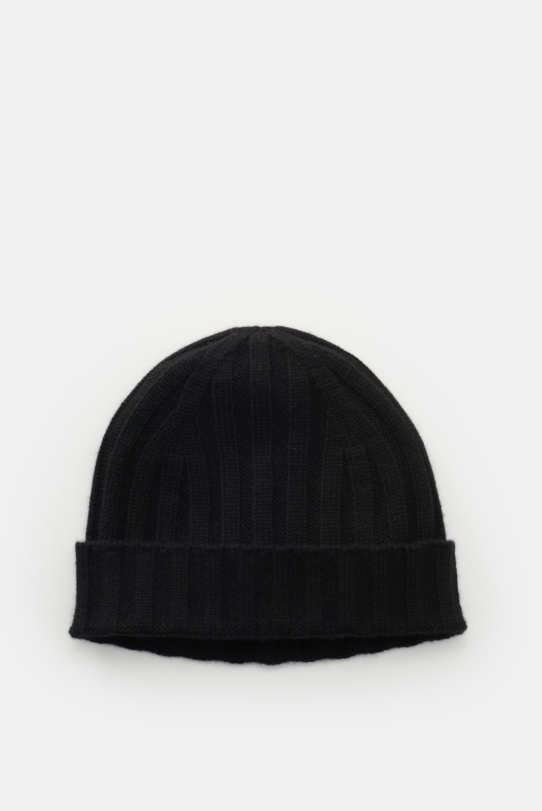 Black von Braun Cashmere beanie photographed from above, showing pure cashmere, soft feel, fine rib knit, and small turn-up cuff.