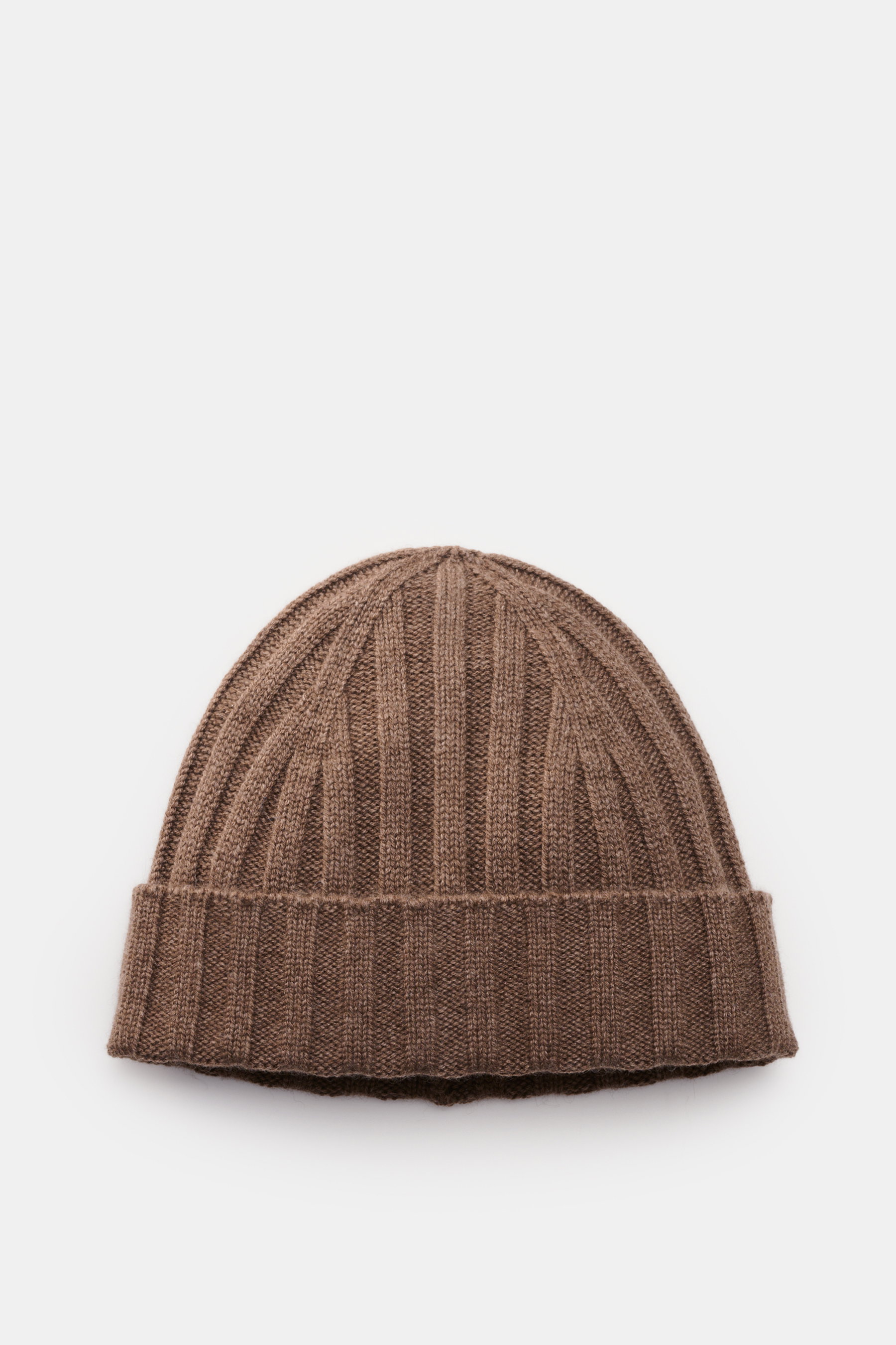 von Braun Cashmere beanie brown mottled shown from above, fine rib knit pattern, small turn-up, pure soft Mongolian cashmere.
